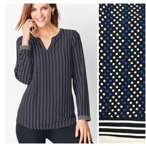 Talbots Women Popover Blouse Split Neck Blue White Black Abstract Dot Print 3X